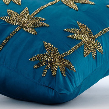 Zardozi Lotus Flower Blue Taffeta 24"x24" Pillow Sham, Gold Lotus Dreams