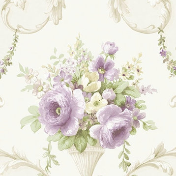 Silk Impressions 2, Contemporary Floral Cream, Violet Wallpaper Roll