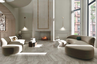 Example of a large trendy formal and open concept beige floor and wainscoting living room design in New York with a standard fireplace and beige walls