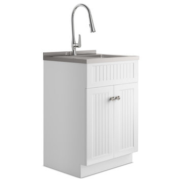 Beckham Laundry Cabinet With Faucet and Stainless Steel Sink, White, 24"