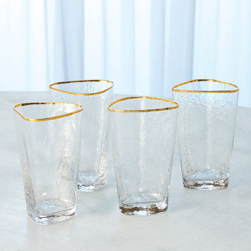 Elegant Hammered Art Drinking Glass Set of 4 Highball Gold Rim Modern Asymmetric