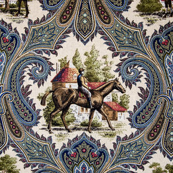 Horse jockey fabric paisley blue toile - Upholstery Fabric