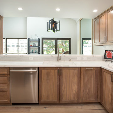 Transitional Open Kitchen with Natural Walnut Cabinetry