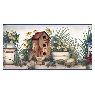 Concord Wallcoverings Prepasted Wallpaper Border Wooden Red and White Bird Houses on a Cream-Beige Background Size 7 Inches by 15 Feet HRB4101