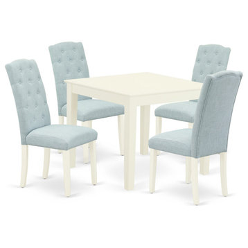 5Pc Dining Set, Square Table, Four Parson Chairs, Baby Blue Fabric, Linen White