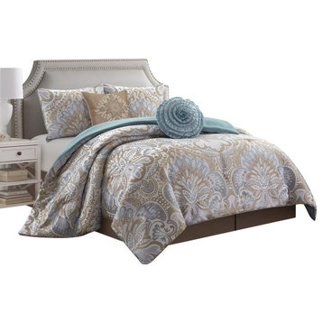 Amelia Floral Jacquard 6-Piece Bedding Comforter Set, Blue/Gold, Queen