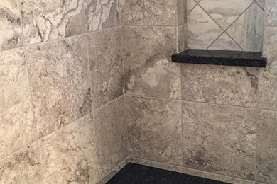 Example of a classic master black and white tile and porcelain tile bathroom design in Boston