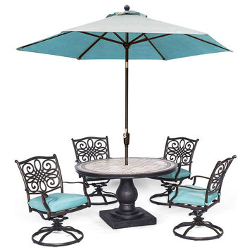 Monaco 5-Piece Dining Set, Blue With 51" Tile-Top Table, and 9' Table Umbrella