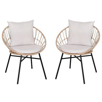 Set of 2 Patio Dining Chair, Papasan Design With Rounded Rattan Back, Light Gray