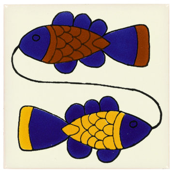 Handmade Tierra y Fuego Ceramic Tile, Double Fish, Set of 9