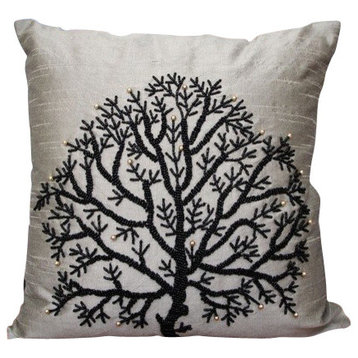 Beaded Tree 12x12 Art Silk Silver Decorative Pillows Cover, Silver Tree Of Life