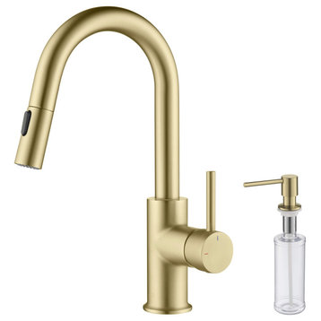 Luxe Single Handle Pull Down Kitchen & Bar Faucet, Brush Gold W/ Soap Dispenser