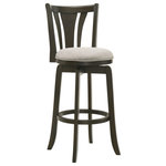 Armen Living - Elle Wood and Fabric Barstool, Gray, 30" Bar Height - Refined yet inviting, the Elle Barstool Collection is a stylish companion for your kitchen or home bar. With seat heights available for both counter and bar setups, these stools feature plush, rounded cushions in ivory or gray, perfect for complementing their warm Amber Glow or sophisticated Dark Roast wood finishes.