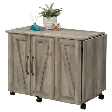 Farmhouse Folding Sewing Table, Rolling Design With Ample Storage, Rustic Gray