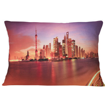Shanghai Skyline at Dawn Panorama Cityscape Throw Pillow, 12"x20"
