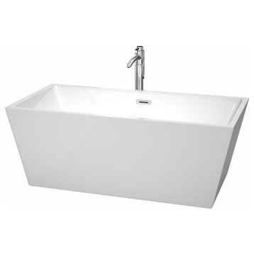 63" Freestanding Bathtub,White,Floor Mounted Faucet, Drain,Trim,Polished Chrome