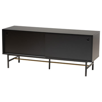 Modern Dark Brown Finished Wood Two-Tone Black and Gold Metal TV Stand