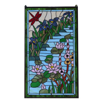20.5" x 34.75" Stained glass window panel Waterlily Lotus dragonfly Flower Pond