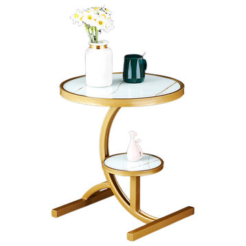 Round/Square Tempered Glass Small Side Table with 2 Layers, Gold, Round