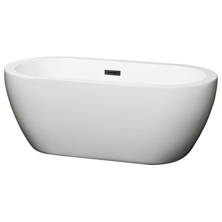 Soho 60" Freestanding White Bathtub, Matte Black Drain and Overflow Trim