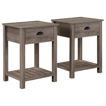 Set of 2 Side Table, Grooved Shelf & Drawer With Inverted Cup Pull, Gray Wash