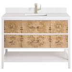 James Martin Furniture - Olena 48" Single Vanity, White, 1-Hole 3 CM White Zeus Top, Backsplash - Indulge in the artistry of the Olena 48" single vanity - where craftsmanship meets the natural beauty of Mappa Burl. Each detail has been thoughtfully curated for style and functionality. This vanity boasts ample storage with one tip-out, five drawers, and an integrated lower shelf. The acrylic and brass pulls accentuate the beauty of the Burl drawers. A pristine White Zeus quartz top and backsplash by Silestone with undermount rectangular sinks complete this striking piece. Vanity top is pre-drilled for a single hole faucet. Faucet not included.