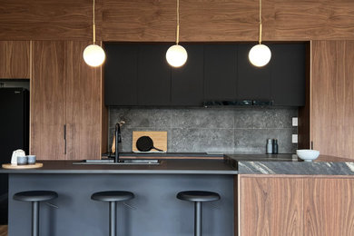 Diseño de cocina contemporánea con puertas de armario de madera oscura