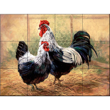 Tile Mural, Black Rooster And Hen by Laurie Snow Hein