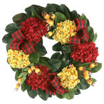 Creative Displays - 26" Hydrangea and Berry Fall Wreath with Plaid Bows - Welcome the warmth of fall with this stunningly handcrafted 26" faux hydrangea and berry fall wreath! Perfect for decorating your home or office, this wreath is crafted with high quality and durable materials to bring you season after season of beauty. Pops of vivid red, yellow, and orange highlight an array of magnolia leaves making it the perfect autumnal decor. The timeless sophistication of black and red plaid bows add a classic, charming finish to your home. No watering or maintenance necessary- this wreath will stay fresh all season! Enjoy the beauty of fall for seasons to come with this gorgeous wreath.
