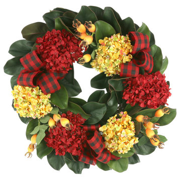 26" Hydrangea and Berry Fall Wreath with Plaid Bows