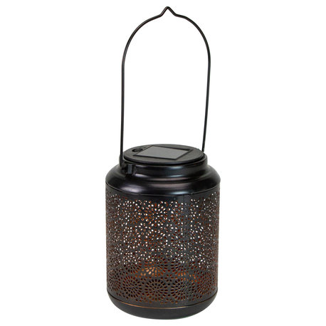 7" Black Outdoor Integrated Floral LED Solar Lantern With Handle