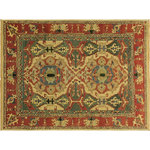 Bareen's Designer Rugs - Semi,Antique Distressed Low,Pile Dreama Green/Rust Wool Rug, 6'1 x 7'6 - Designed with mesmerizing intricacy and gorgeous color palette, this hand-knotted masterpiece is an semi-antique distressed vintage rug. Featuring a low-pile, showcasing the intricate design and pile of the rug. This handmade rug is truly one of a kind featuring all vegetable dyes and handspoun wool.