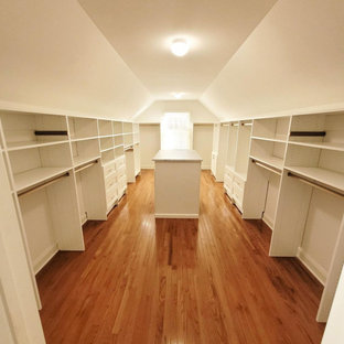 Inspiration för stora klassiska walk-in-closets för könsneutrala, med luckor med infälld panel, vita skåp, mellanmörkt trägolv och brunt golv