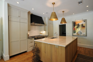 Inspiration for a large transitional u-shaped dark wood floor and brown floor open concept kitchen remodel in Birmingham with an undermount sink, shaker cabinets, white cabinets, granite countertops, white backsplash, mosaic tile backsplash, paneled appliances and an island