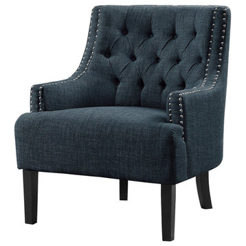 Classic Accent Chair, Button Tufted Wingback and Nailheaded Sloped Arms, Indigo