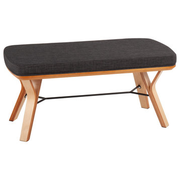 Folia Mid-Century Modern Bench, Natural Wood/Charcoal Fabric