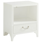 Lexington - Abbey Springs Night Table - For a smaller profile, we paired open storage with dimmable touch LED lighting above a single drawer and bracket feet. This offers both hidden storage and display bedside. The opening is 22.5W x 17D x 13.75H inches. The drawer front is a framed embossed textured adding visual interest and the perfect canvas for the elegant polished nickel finished drawer pull.