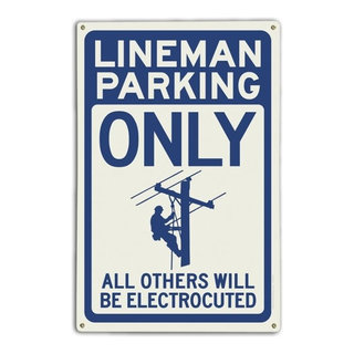 SmartCows Targa In Metallo 'Lineman Parking Electrocuted' 20,3x30,5 Cm - Decorazione Da Parete Umoristica Per Garage, Officina, Bar, Man Cave - Colore Blu