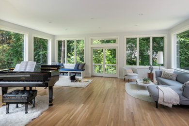 Inspiration for a transitional sunroom in Boston with medium hardwood floors and brown floor.