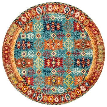 Southwestern Area Rug, Low Loop Wool Pile With Blue/Red Tones, 7' X 7' Round