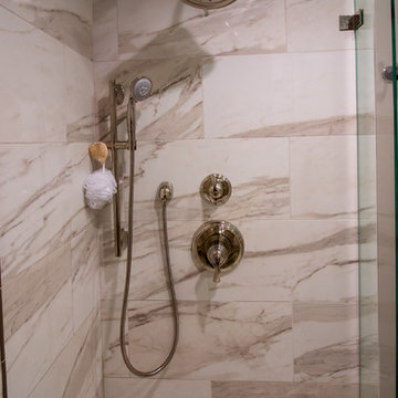 Transitional Hollow White Paint Finish Bath Remodel W/ Basket Weave Deco Panel