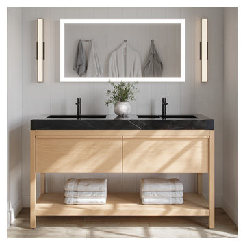 Shoji Bath Vanity, Whitewash Oak, 60", Double Sink, Freestanding