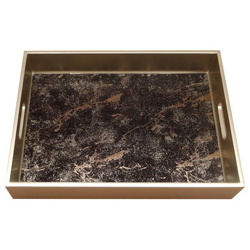 Marble Reverse Painted Mirror Tray, Black and Gold