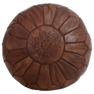 Embroidered Leather Pouf, Brown on Brown