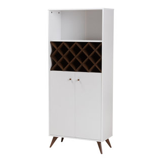 Mina Mid Century Modern White and Walnut Wood Wine Cabinet