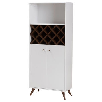 Mina Mid-Century Modern White and Walnut Wood Wine Cabinet