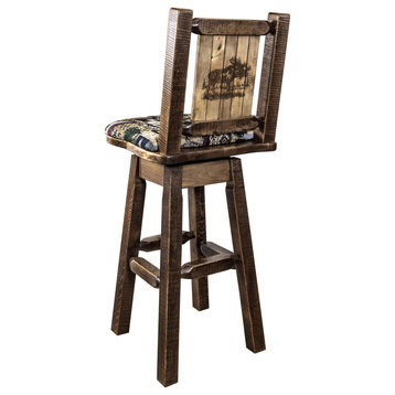 Counter Height Barstool and Swivel, Woodland Upholstery, Engraved Moose Design