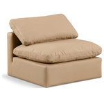 Meridian Furniture - Indulge Upholstered Modular Chair, Tan, Fiber Stuffed Vegan Leather, Armless Chair - Experience ultimate comfort and style with our tan vegan leather Indulge Armless Chair. The luxurious vegan leather will elevate the aesthetic of any room. This chair provides ample space for you to relax while its modular build offers the option of unlimited configurations. Whether you're looking to add a stylish element to your living room or a comfortable seating option to your bedroom, this chair is the perfect choice.