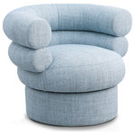 Meridian Furniture - Valentina Linen Textured Fabric Upholstered Accent Swivel Chair, Blue - Create instant visual interest and add a comfy seating option to any space with this Valentina linen textured fabric swivel accent chair. The stacked back design is fun and modern, giving your room an upbeat (and stylish) vibe. This chair features mainly light blue fabric with white weave details, thanks to its rich light blue linen textured fabric upholstery. Deep channel tufting adds to its overall comforting look and feel in your living room, office, bedroom, or elsewhere.