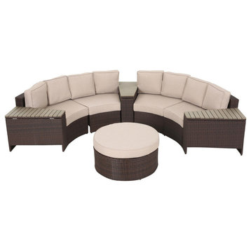 Mia Outdoor 4-Seater Wicker Curved Sectional Set With Wedge Tables, Beige, Round